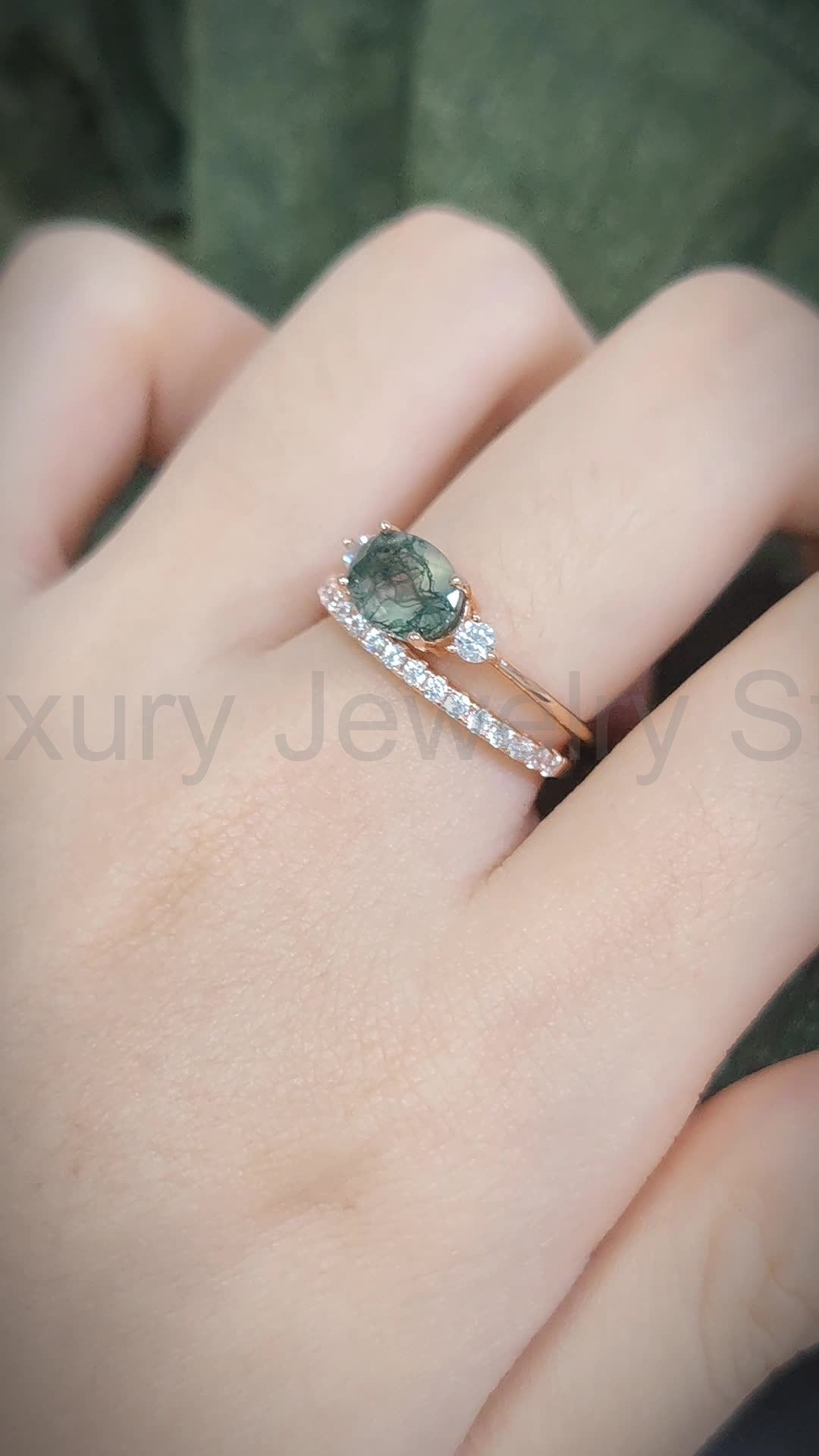 Oval Moss Agate Three Stones Engagement Ring - image 3