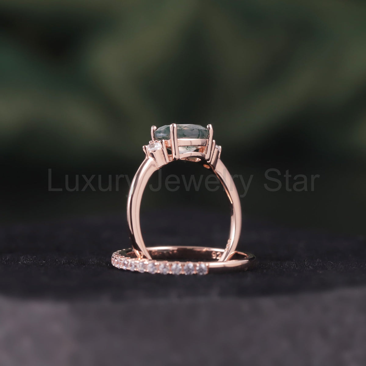 Oval Moss Agate Three Stones Engagement Ring - image 5