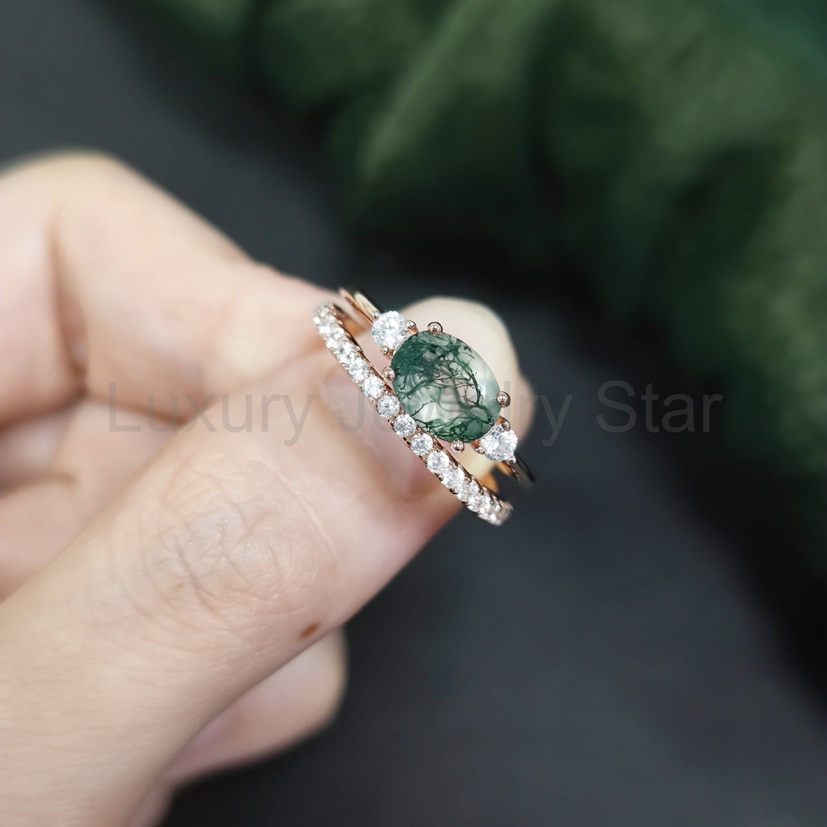 Oval Moss Agate Three Stones Engagement Ring - image 6
