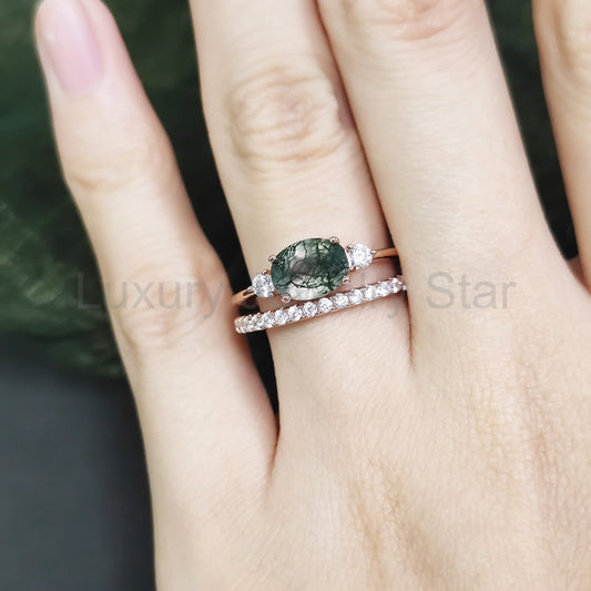 Oval Moss Agate Three Stones Engagement Ring Set 2pcs - image 2