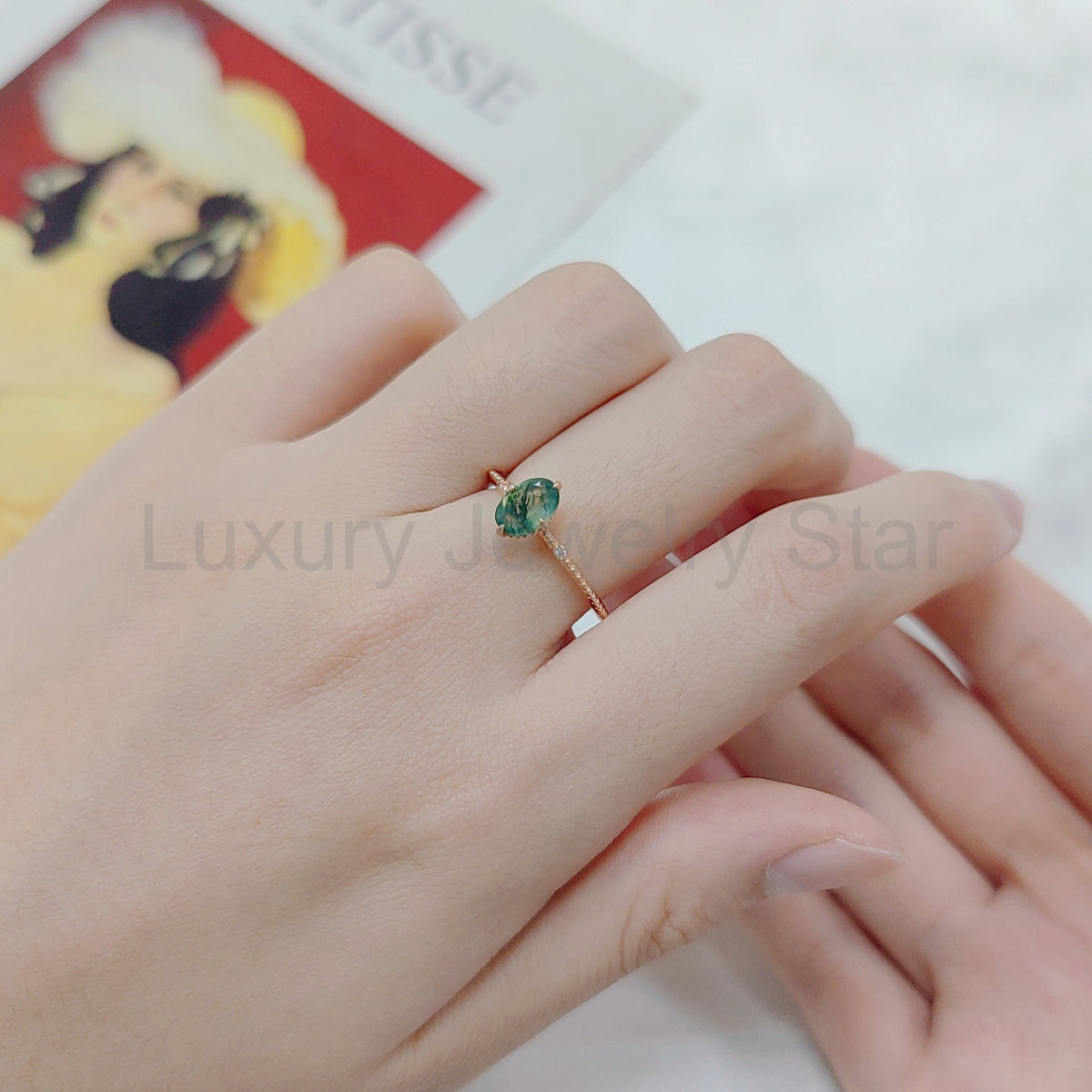 Oval Shaped Moss Agate Vintage Solitaire Ring - image 2
