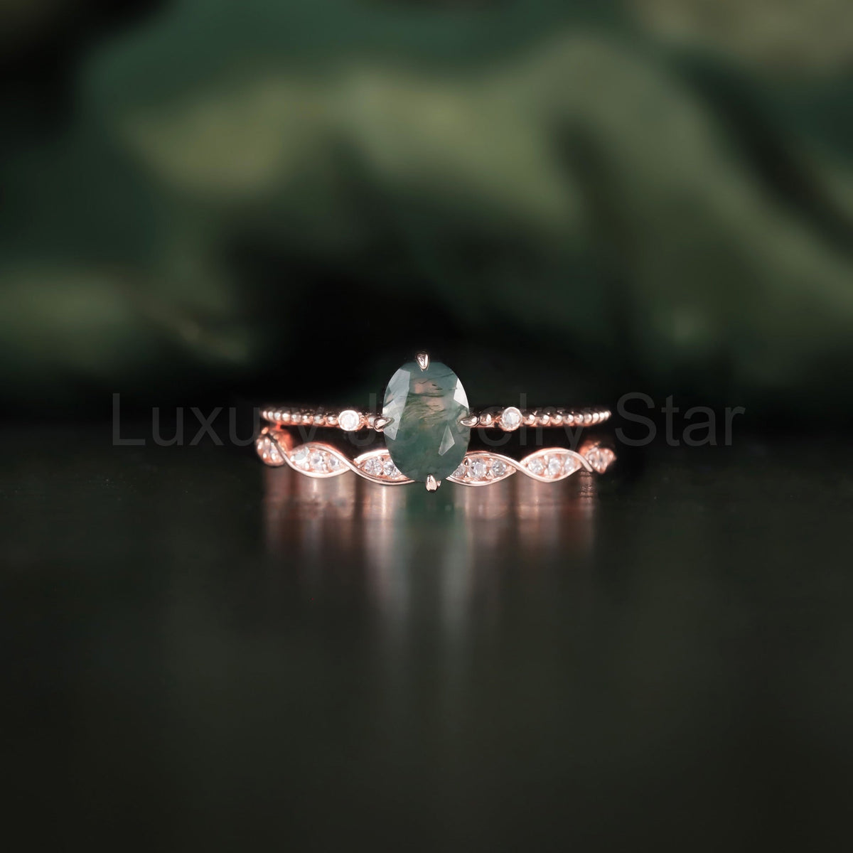Oval Shaped Moss Agate Vintage Solitaire Ring - image 3