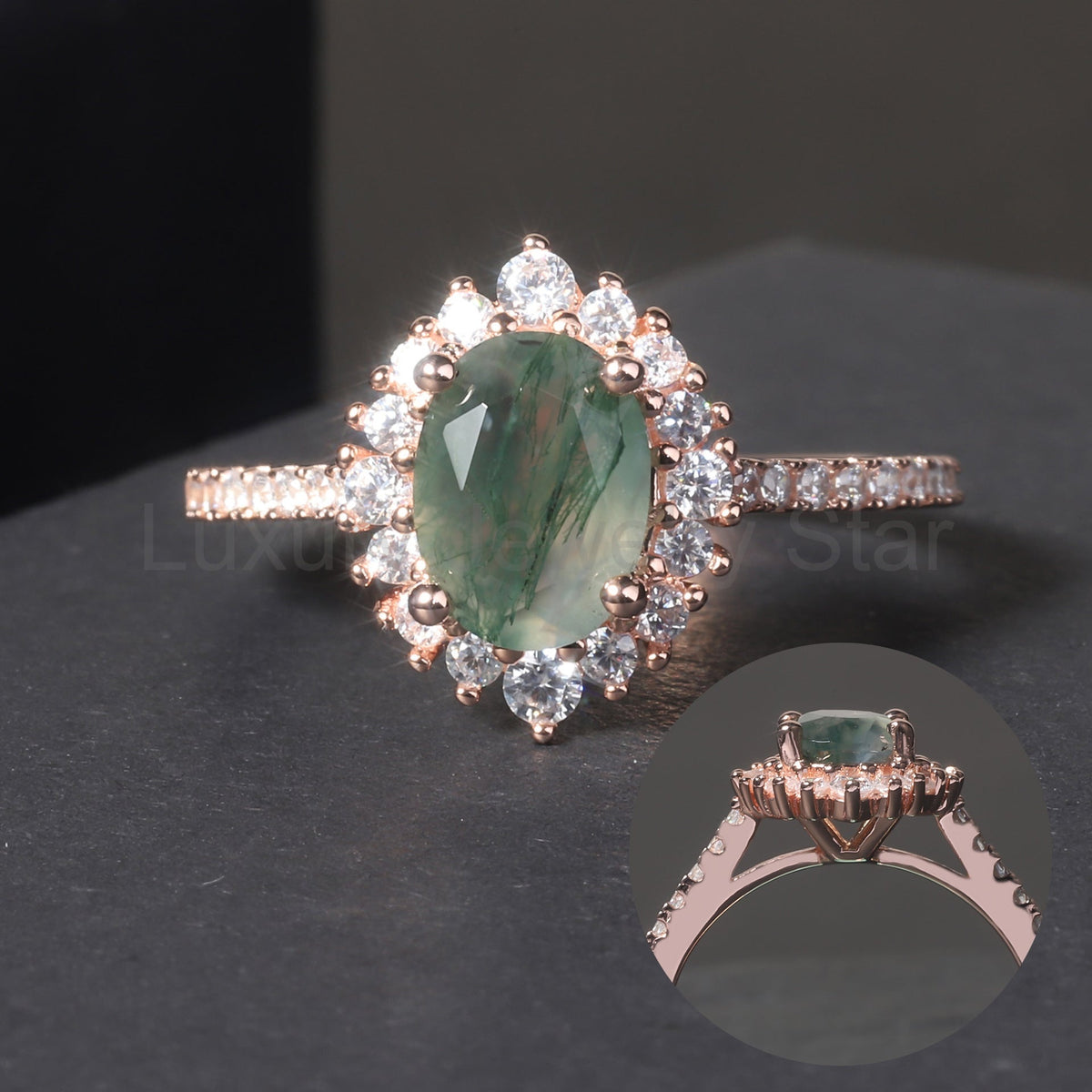 Oval Shaped Vintage Moss Agate Halo Engagement Ring