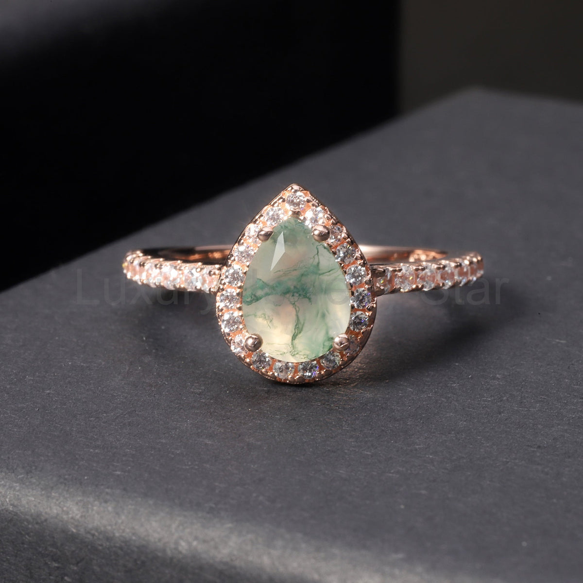 Pear Shaped Halo Moss Agate Engagement Ring