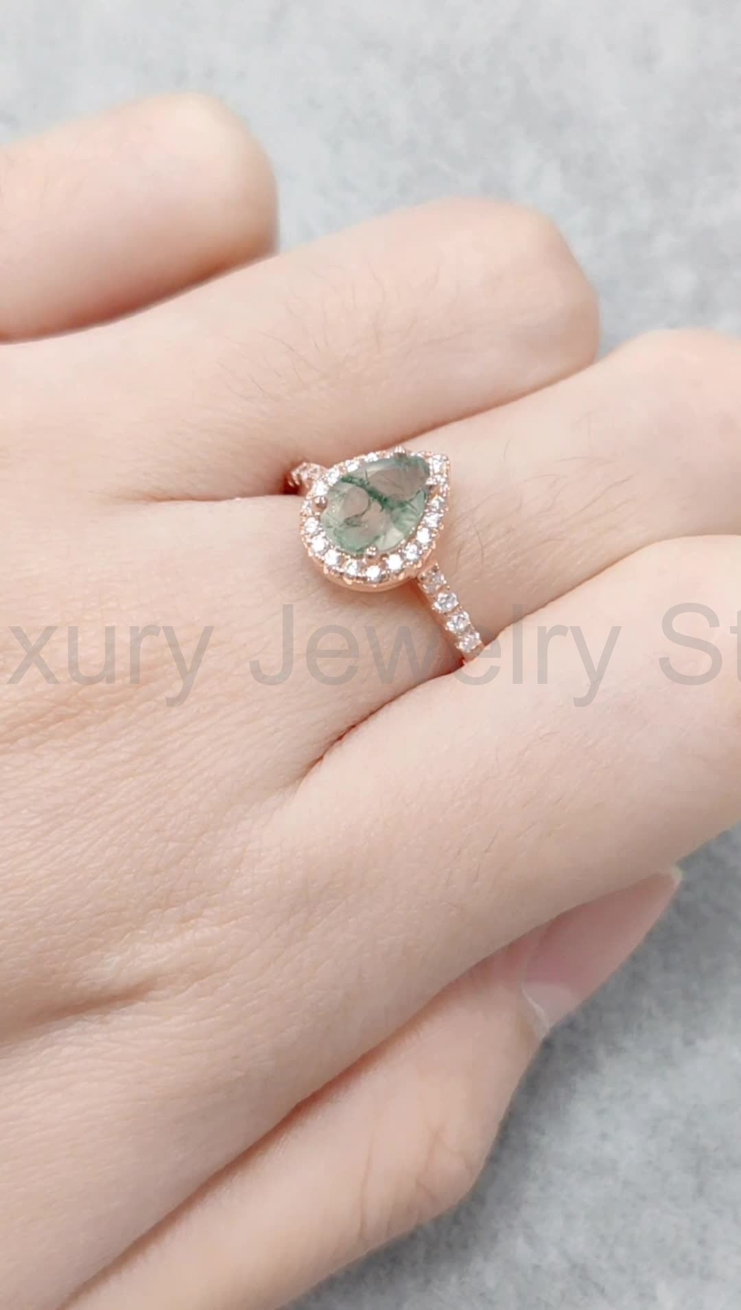 Pear Shaped Halo Moss Agate Engagement Ring