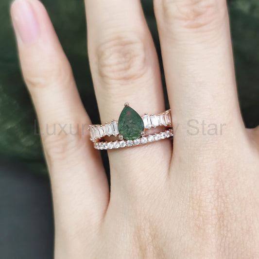 Pear Shaped Zircon Pave Moss Agate Classic Engagement Ring Set 2pcs - image 2