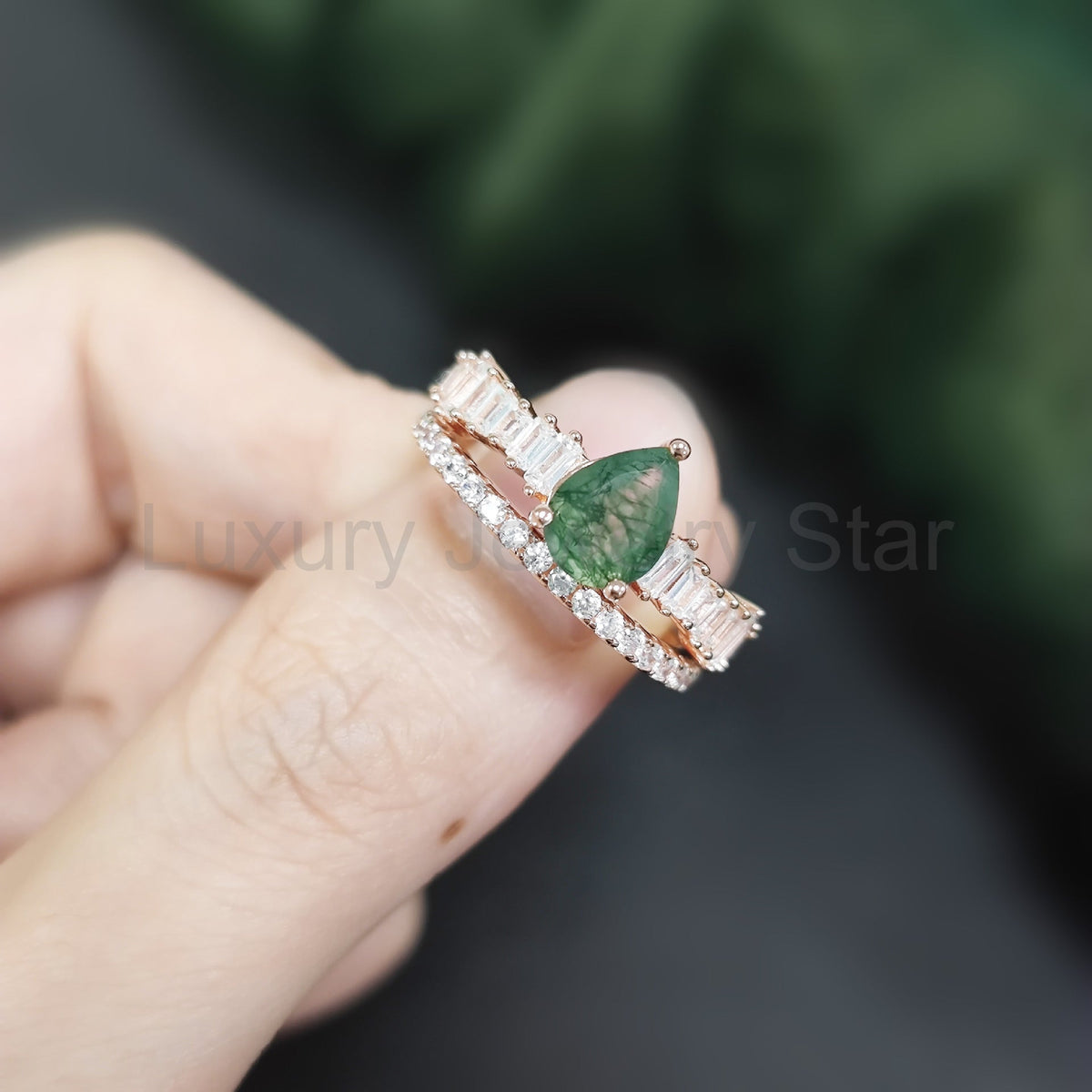 Pear Shaped Zircon Pave Moss Agate Classic Engagement Ring Set 2pcs - image 3