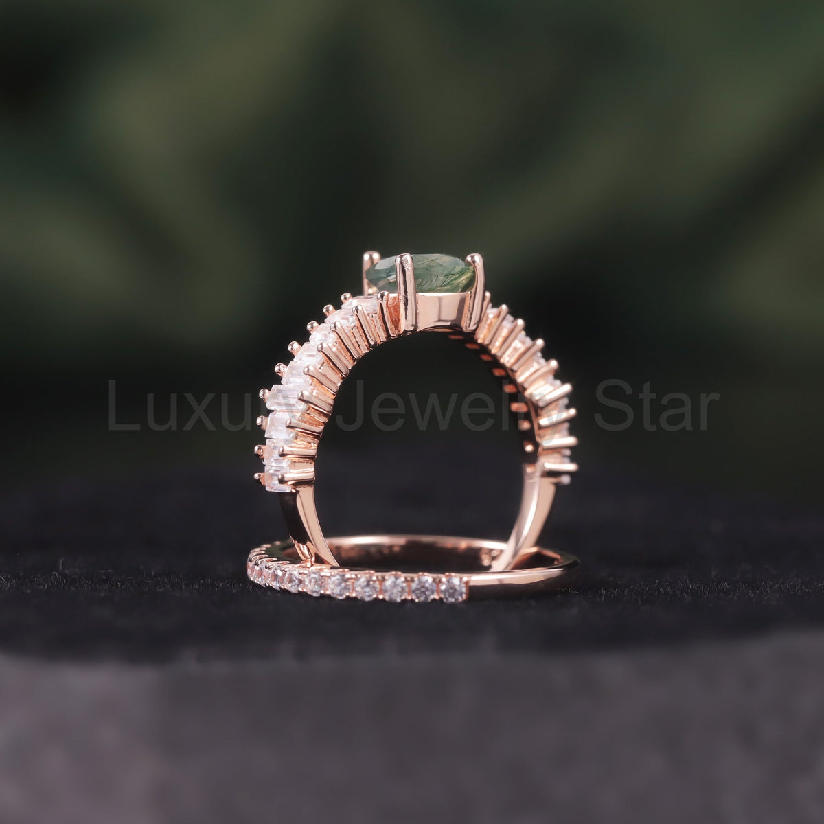 Pear Shaped Zircon Pave Moss Agate Classic Engagement Ring Set 2pcs - image 4