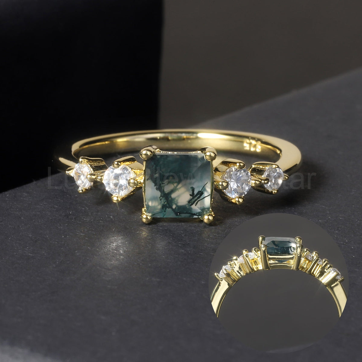 Princess Cut Moss Agate Gold Ring