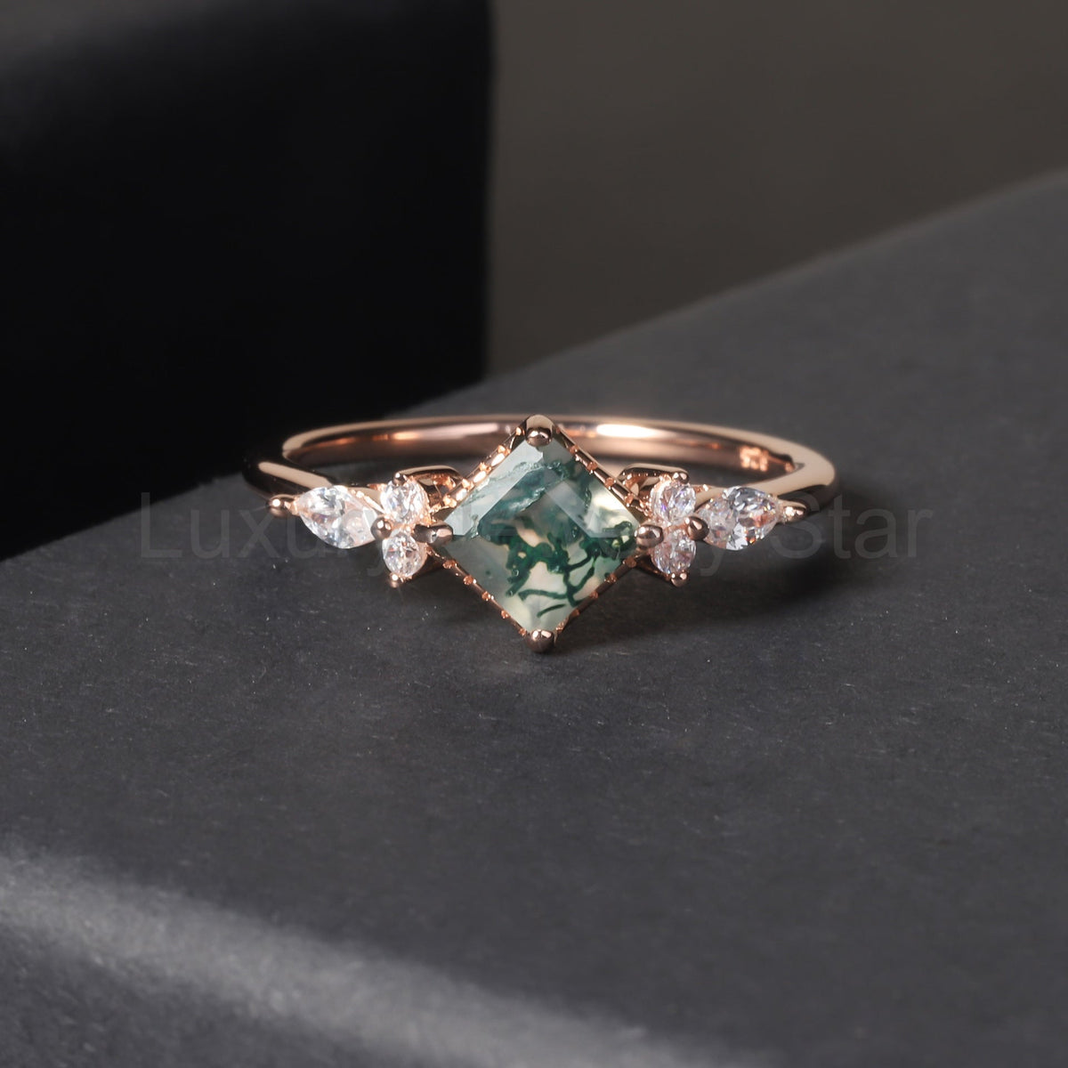 Princess Cut Vintage Moss Agate Cluster Engagement Ring