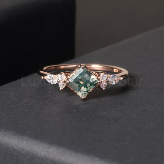Princess Cut Vintage Moss Agate Cluster Engagement Ring
