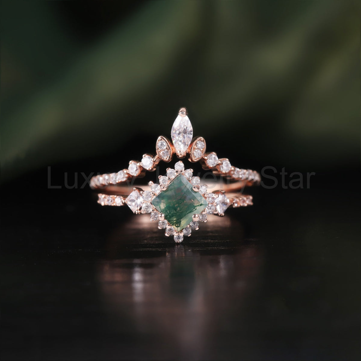 Princess Cut Vintage Moss Agate Halo Engagement Ring