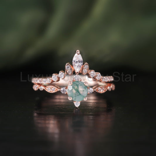 Round Cut Moss Agate Unique Engagement Ring Set 2pcs