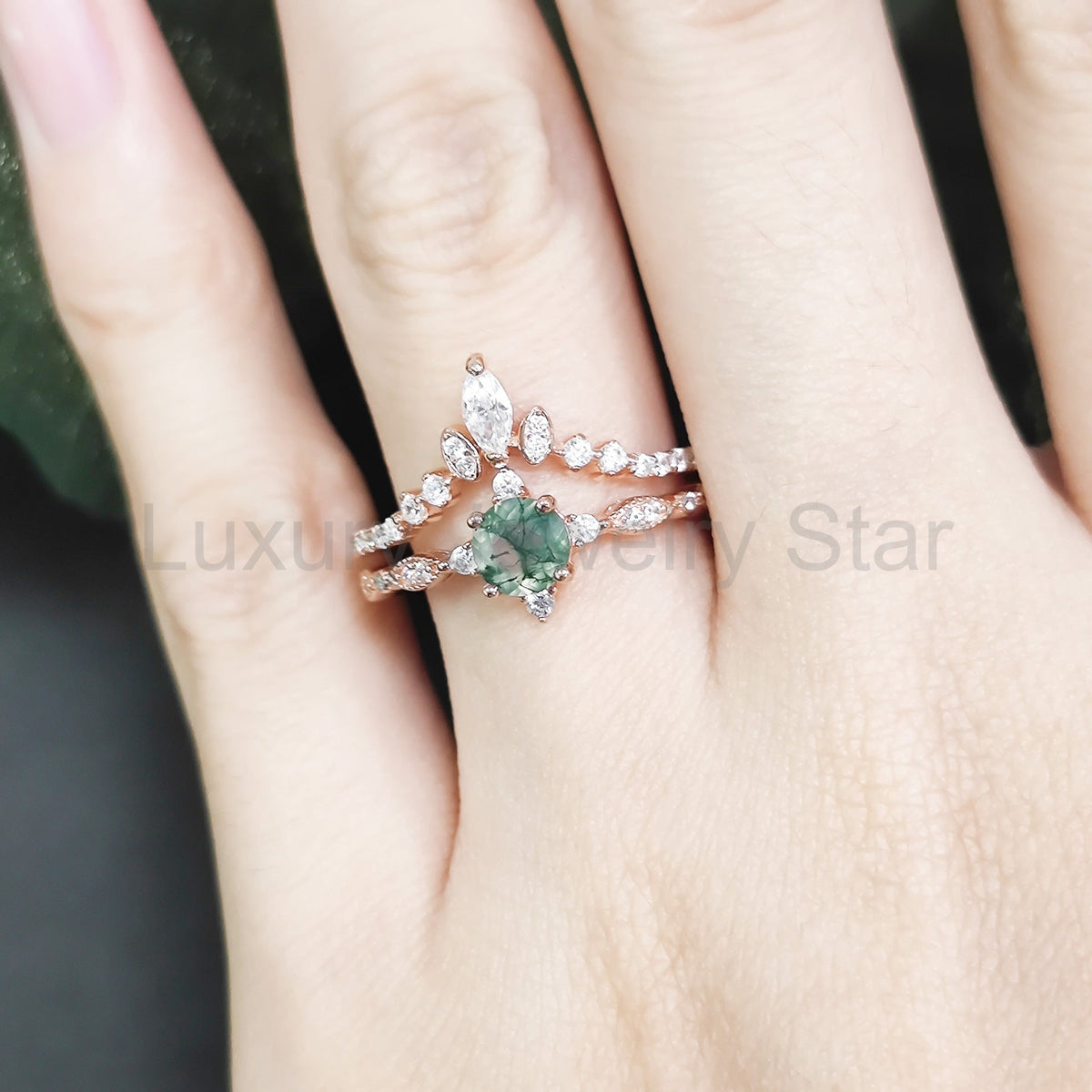 Round Cut Moss Agate Unique Engagement Ring Set 2pcs - image 3