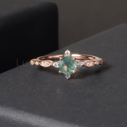 Round Vintage Moss Agate Engagement Ring
