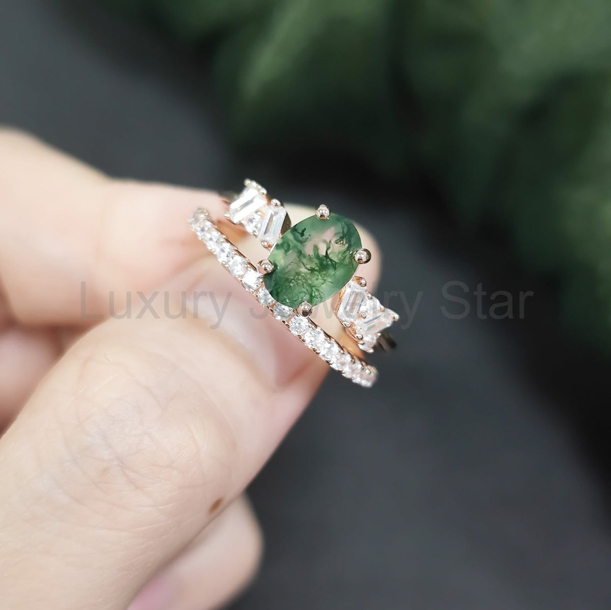 Unique Oval Moss Agate Engagement Ring Set 2pcs - image 3