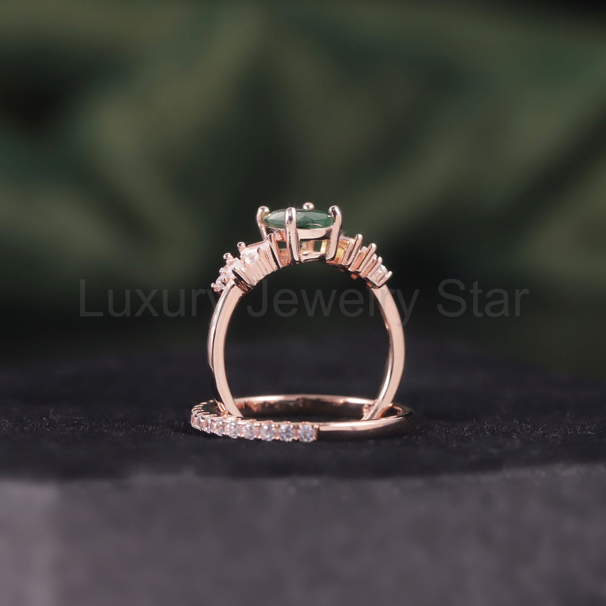 Unique Oval Moss Agate Engagement Ring Set 2pcs - image 4