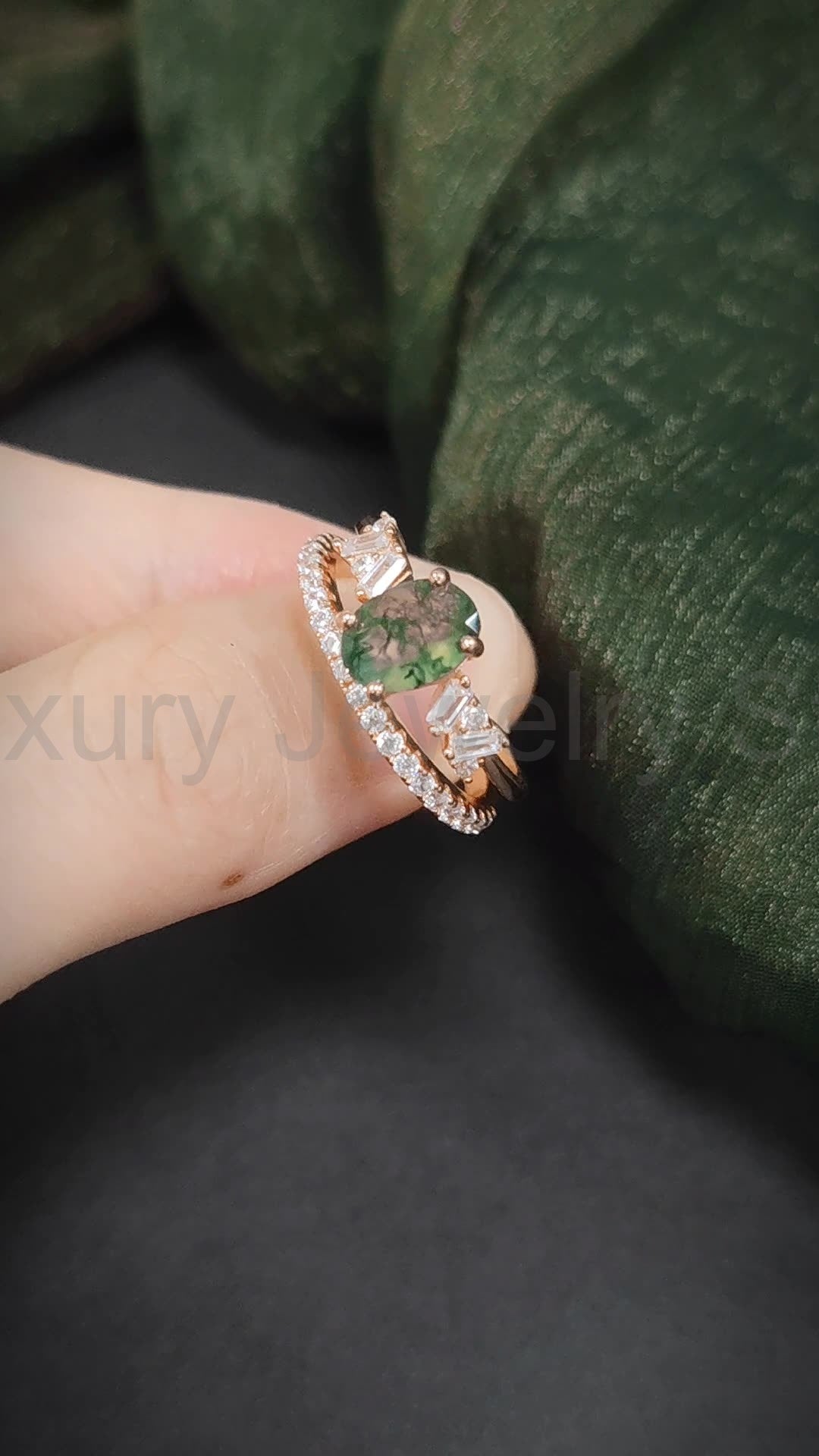 Unique Oval Moss Agate Engagement Ring Set 2pcs - image 5