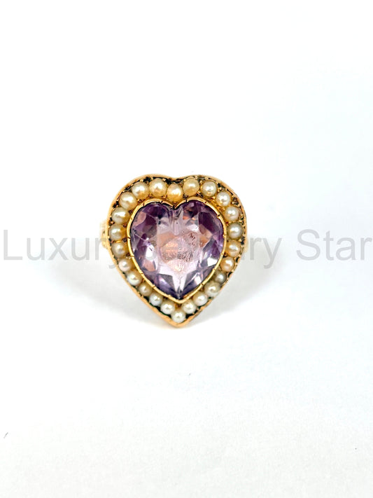 Large, Vintage 15ct Gold Amethyst Heart Ring with Seed Pearls