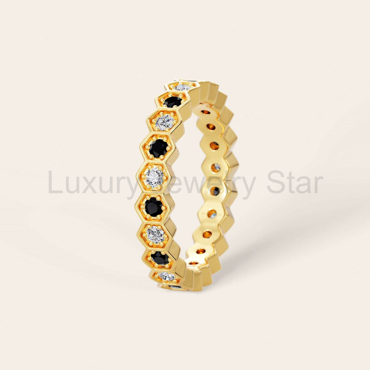 Round Cut Black Onyx & Lab Grown Diamond Full Eternity Band - image 4