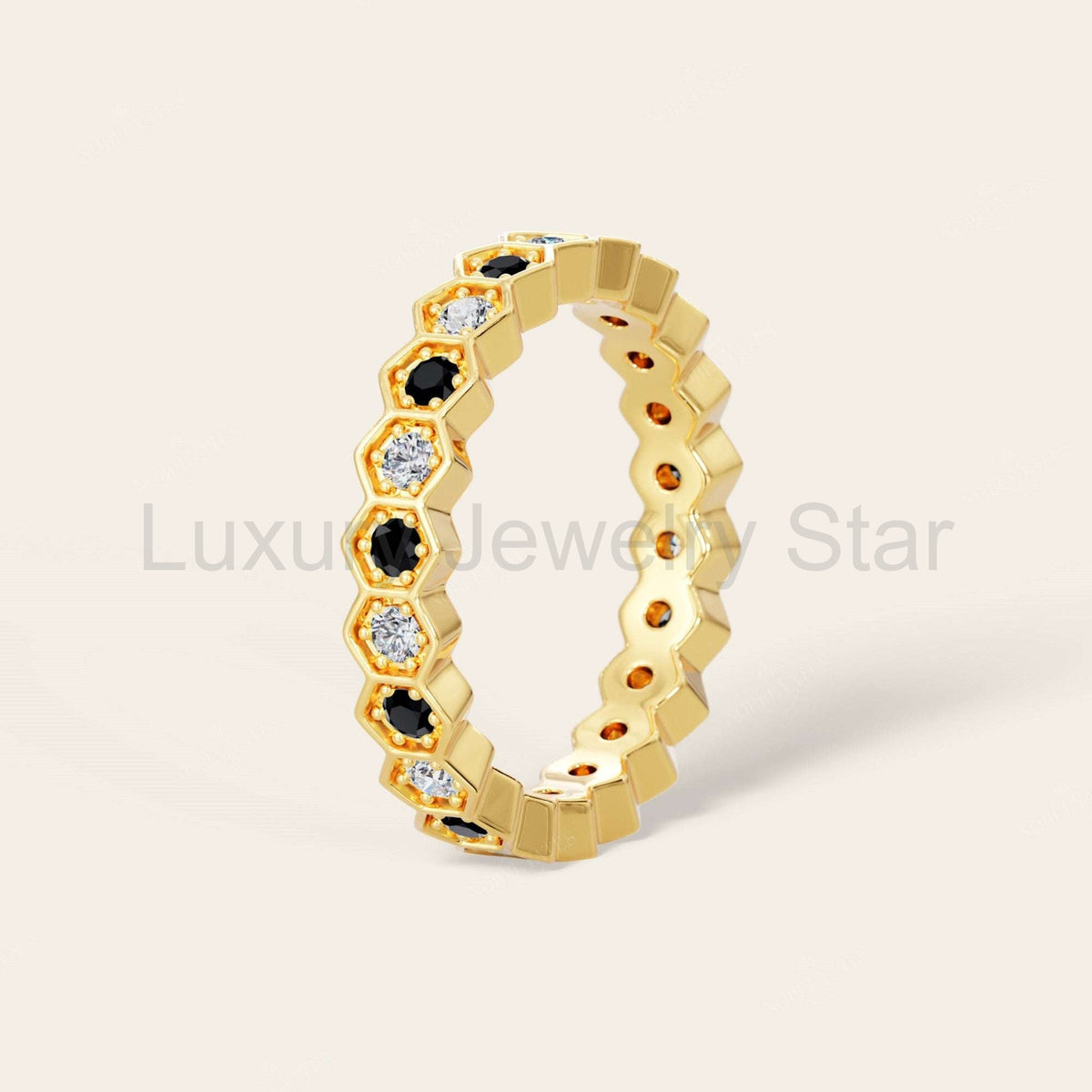 Round Cut Black Onyx & Lab Grown Diamond Full Eternity Band - image 5