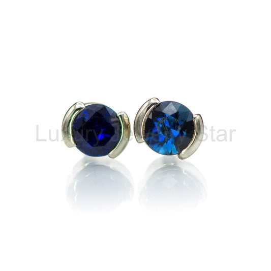 3mm Blue Sapphire Half Bezel Stud Earrings