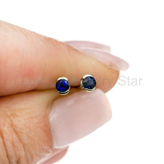 3mm Blue Sapphire Half Bezel Stud Earrings - image 2