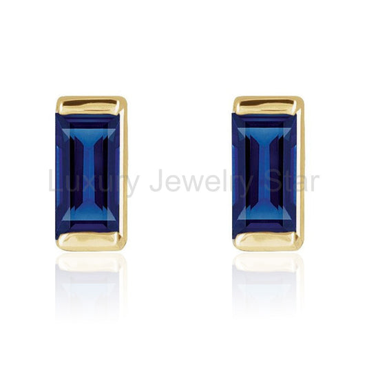 Channel-set Baguette Blue Sapphire Gold or Platinum Stud Earrings