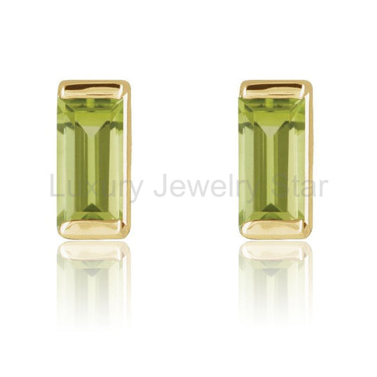 Channel-set Baguette Peridot Gold or Platinum Stud Earrings