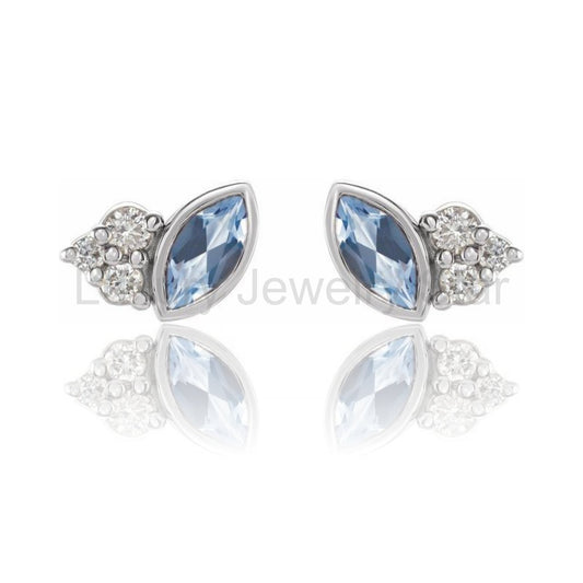 Marquise Aquamarine & Diamond Cluster Gold or Platinum Leaf Stud Earrings