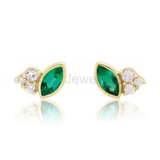 Marquise Emerald & Diamond Cluster Gold or Platinum Leaf Stud Earrings