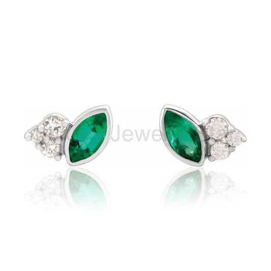 Marquise Emerald & Diamond Cluster Gold or Platinum Leaf Stud Earrings - image 2