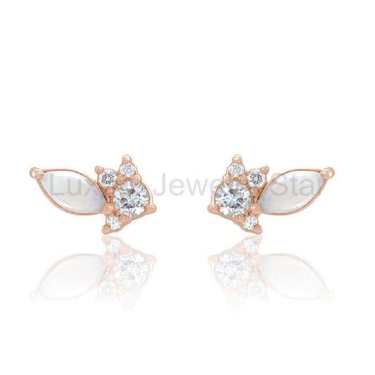 Marquise Opal & Diamond Cluster Gold or Platinum Leaf Stud Earrings