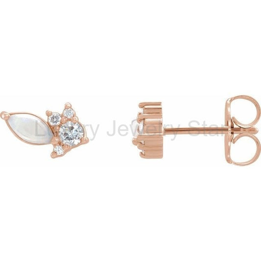 Marquise Opal & Diamond Cluster Gold or Platinum Leaf Stud Earrings - image 2