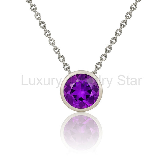 Round Amethyst Sterling Silver Slide Pendant Necklace