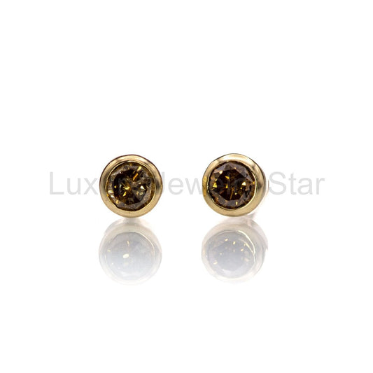 Tiny Cognac Colored Diamond Bezel Set Stud Earrings