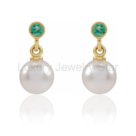 White Akoya Pearl & Bezel Set Emerald Stud Earrings