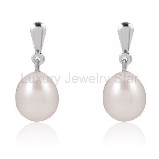 White Freshwater Pearl Gold Drop Stud Earrings - image 2
