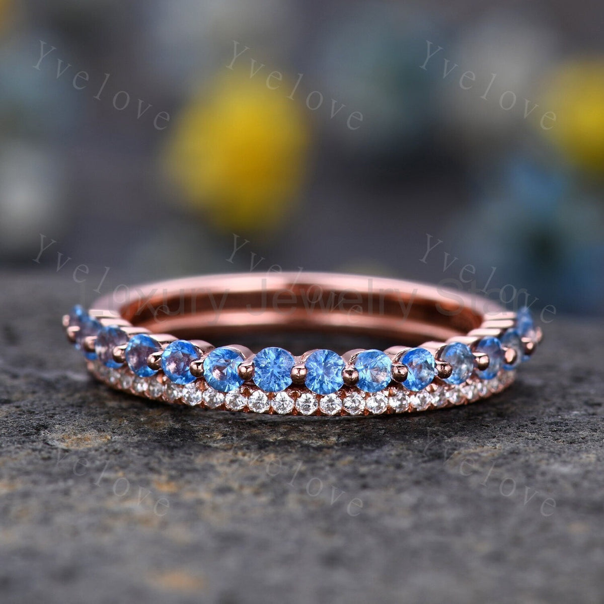 Geniune Swiss Blue Topaz Engagemnt Ring ,Topaz Wedding Band, Blue Gemstone Ring,Half Eternity