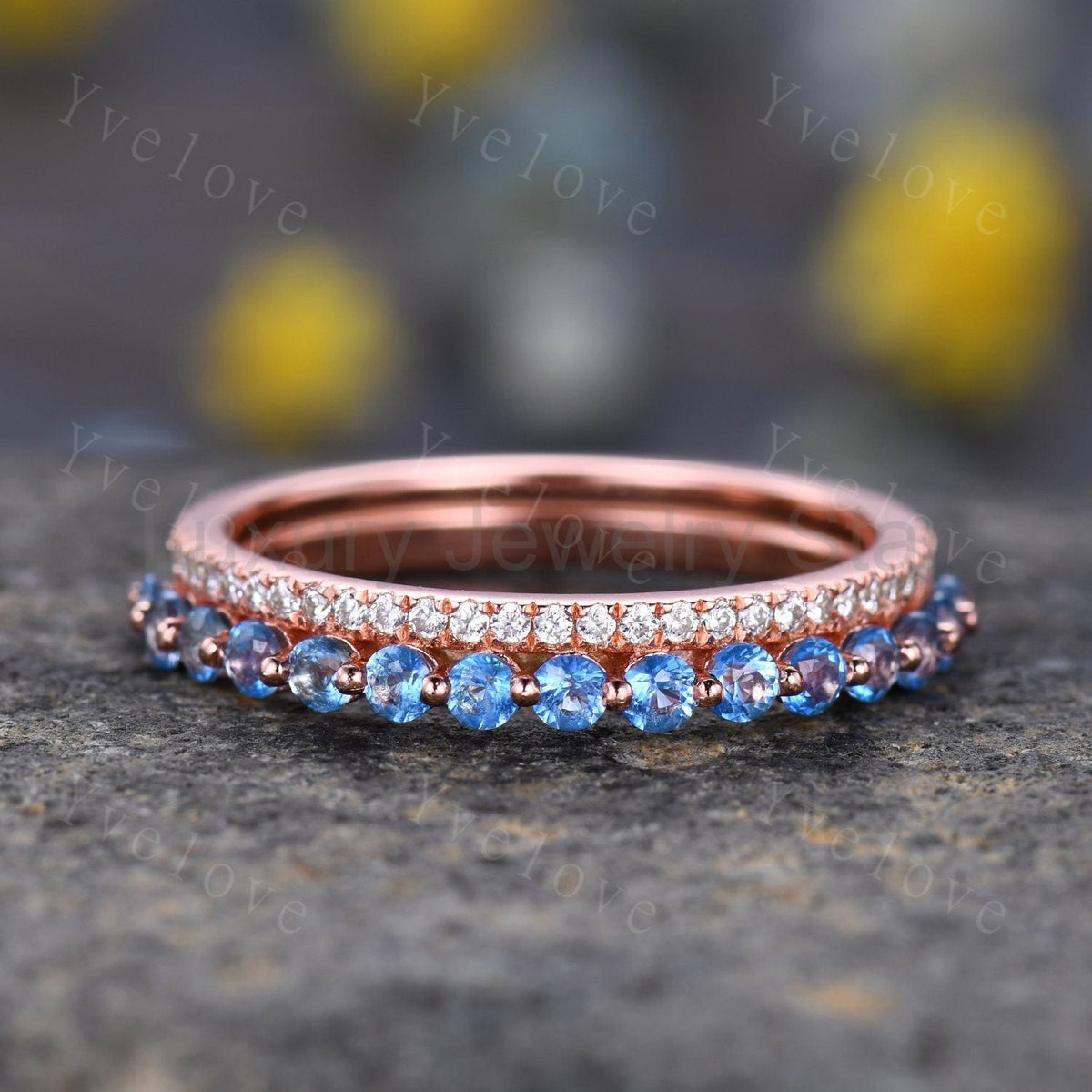 Geniune Swiss Blue Topaz Engagemnt Ring ,Topaz Wedding Band, Blue Gemstone Ring,Half - image 2