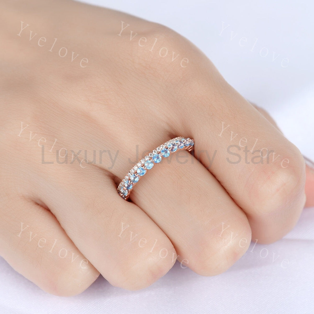 Geniune Swiss Blue Topaz Engagemnt Ring ,Topaz Wedding Band, Blue Gemstone Ring,Half - image 4