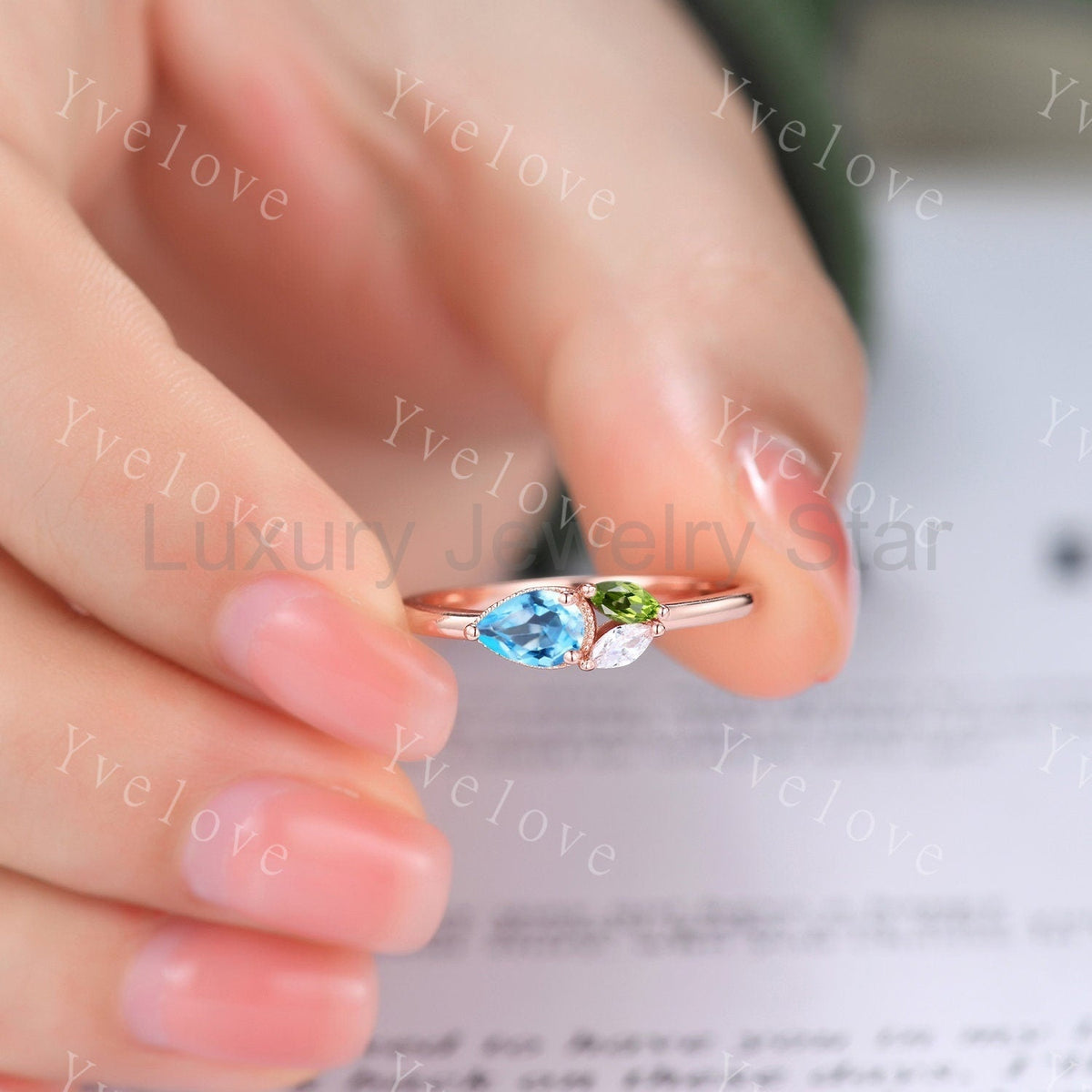 Minimalist Swiss Blue Topsz Engagement Ring,Pear Topaz Gem,Art Deco Peridot Moissanite Wedding