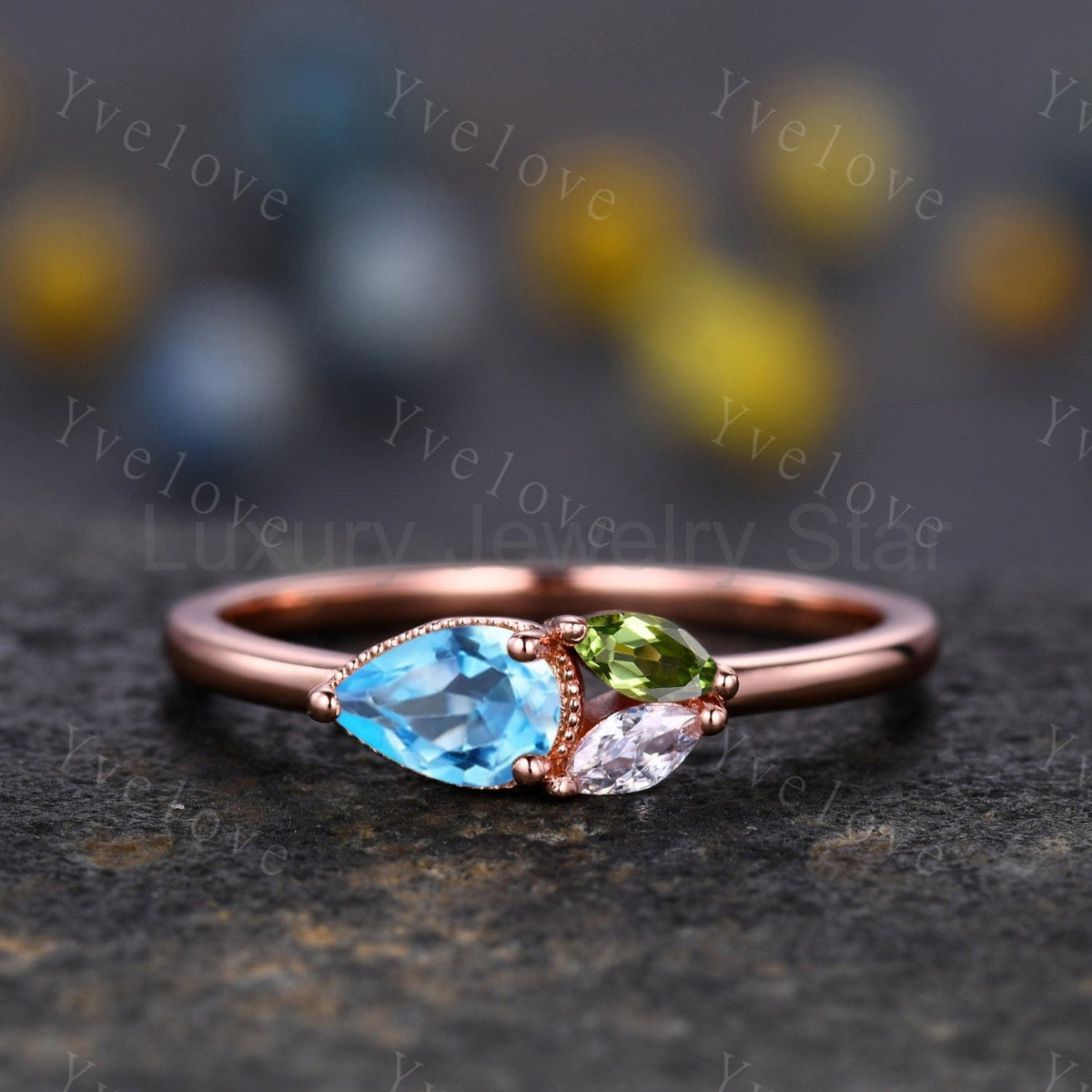 Minimalist Swiss Blue Topsz Engagement Ring,Pear Topaz Gem,Art Deco Peridot Moissanite - image 2