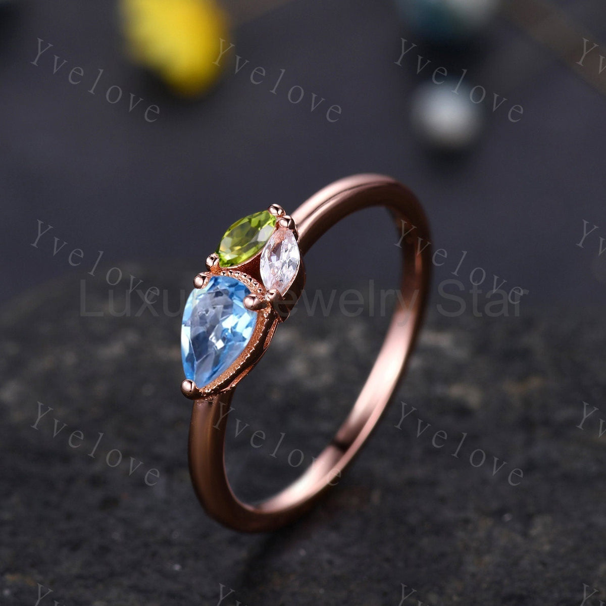 Minimalist Swiss Blue Topsz Engagement Ring,Pear Topaz Gem,Art Deco Peridot Moissanite - image 3