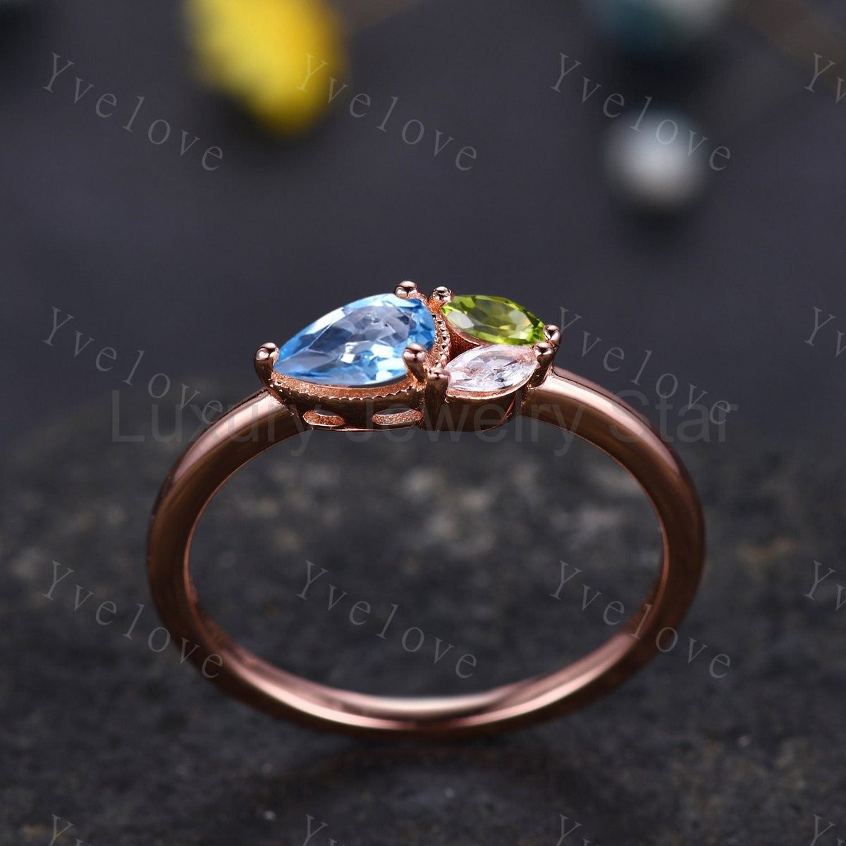 Minimalist Swiss Blue Topsz Engagement Ring,Pear Topaz Gem,Art Deco Peridot Moissanite - image 4