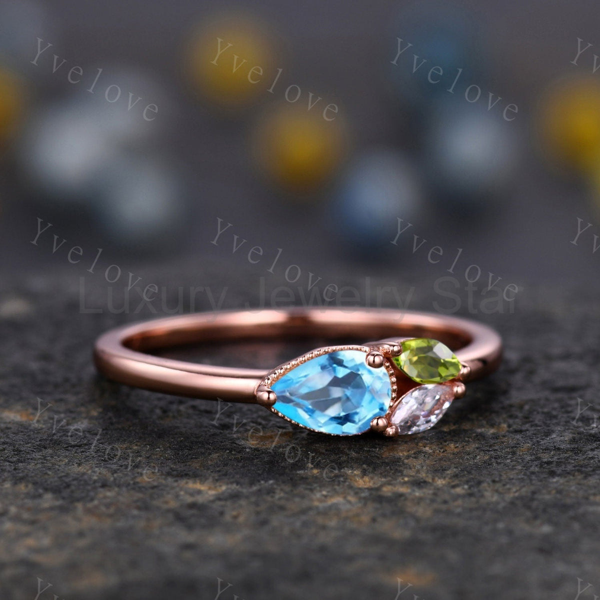 Minimalist Swiss Blue Topsz Engagement Ring,Pear Topaz Gem,Art Deco Peridot Moissanite - image 5