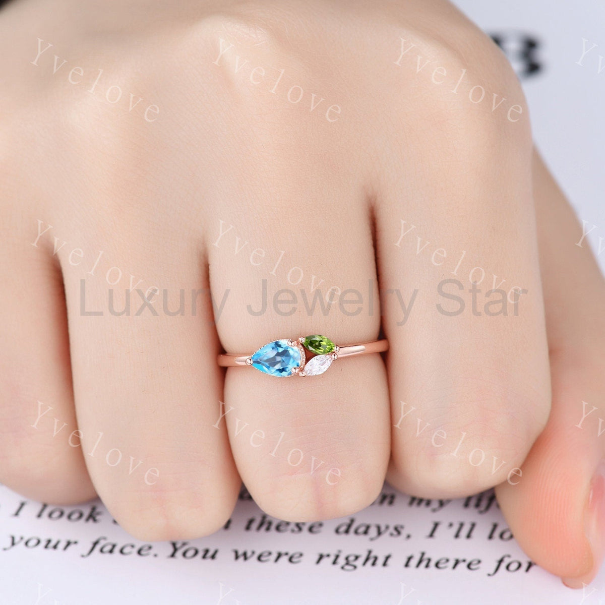 Minimalist Swiss Blue Topsz Engagement Ring,Pear Topaz Gem,Art Deco Peridot Moissanite - image 6