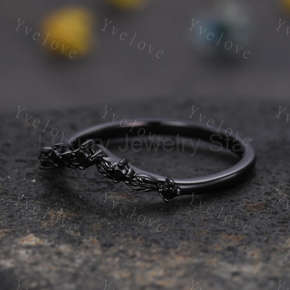 Retro Black Spinel Engagement Ring,Twig Leaf Matching Band,Women Vine Band,Gothic V Curved - image 4