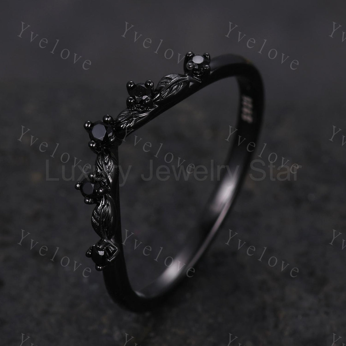 Retro Black Spinel Engagement Ring,Twig Leaf Matching Band,Women Vine Band,Gothic V Curved - image 5