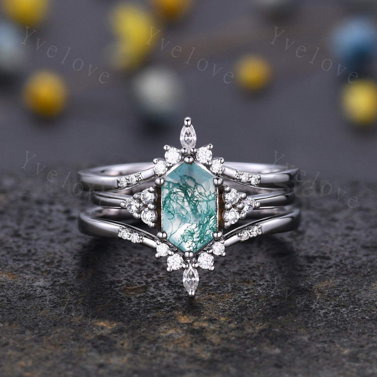 Retro Long hexagon Moss Agate Ring,Vintage Sterling Silver Ring Set,Unique Agate Engagement
